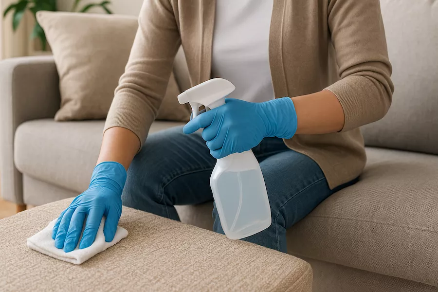 “Person rengör matta och soffa med sprayflaska och duk – symboliserar borttagning av dålig lukt från textilier och möbler för ett fräscht och väldoftande hem”